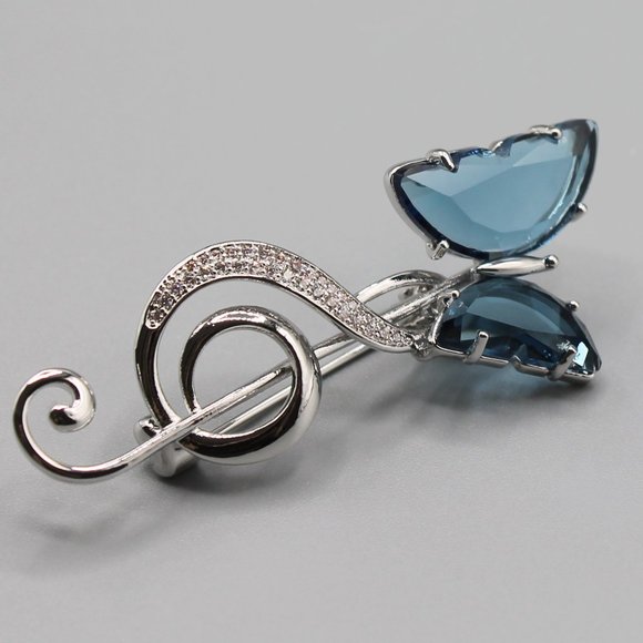 Jewelry pin brooch butterfly music note silver blue crystals elegant beautiful - Picture 7 of 10